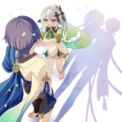 1boy 1girl anklet armlet armor black_bodysuit black_bridal_gauntlets black_shorts bloomers blue_cape blue_sleeves blunt_ends bodysuit bridal_gauntlets bright_pupils cape caramelo_game colored_tips cross-shaped_pupils detached_sleeves different_shadow dress eyelashes facing_another from_above furisode genshin_impact gold gold_trim gradient_hair green_eyes green_hair green_sleeves hair_between_eyes hair_ornament hakama hakama_shorts half_crown_braid heart heart_hair_ornament highres japanese_armor japanese_clothes jewelry kimono kote kurokote layered_sleeves leaf leaf_hair_ornament long_hair looking_at_another multicolored_hair nahida_(genshin_impact) open_mouth pleated_shorts pointy_ears purple_hair scaramouche_(genshin_impact) shadow short_sleeves shorts side_ponytail sidelocks socks symbol-shaped_pupils teeth toeless_socks toes twitter_username underwear upper_teeth_only wanderer_(genshin_impact) watermark white_bloomers white_dress white_hair white_kimono white_pupils white_sleeves white_socks