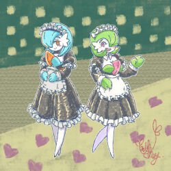 2girls alternate_color apron artist_name black_dress blue_hair blush bob_cut breasts bright_pupils buck_teeth cleavage closed_mouth colored_skin dress female_focus frilled_apron frilled_dress frills full_body gardevoir gen_3_pokemon green_hair hair_over_one_eye hand_up happy heart heart_background highres layered_sleeves long_sleeves looking_at_viewer maid maid_headdress medium_breasts multiple_girls nintendo no_feet one_eye_covered open_mouth orange_eyes outline pokemon pokemon_(creature) red_eyes shiny_and_normal shiny_pokemon short_hair short_over_long_sleeves short_sleeves signature smile standing teeth waist_apron white_apron white_outline white_pupils white_skin yumikchey
