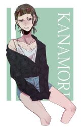 asymmetrical_bangs character_name commentary eizouken_ni_wa_te_wo_dasu_na! eyewear_on_head freckles highres jewelry kanamori_sayaka necklace round_eyewear short_hair shorts shoulder_freckles takao_(88499191)
