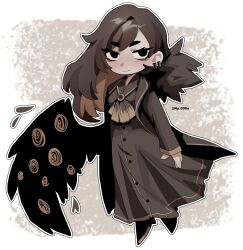 1girl absurdres ascot binah_(project_moon) black_ascot black_boots black_choker black_dress black_eyes black_hair black_sailor_collar blonde_hair boots choker closed_mouth colored_inner_hair dress e.g.o_(project_moon) ear_piercing highres lamp_(e.g.o) lapels library_of_ruina looking_at_viewer multicolored_hair ny_000a piercing project_moon sailor_collar single_wing smile solo wings yellow_trim