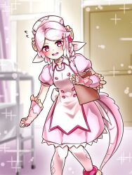 1girl aged_down blush braid breasts clipboard dragon_girl dragon_horns dragon_tail duel_monster feet_out_of_frame fingerless_gloves gloves hair_ornament hat highres holding holding_clipboard horns long_hair looking_at_viewer nurse nurse_cap nurse_dragonmaid p-b-c_(dark_matter_kakine) pantyhose pink_eyes pink_hair puffy_short_sleeves puffy_sleeves short_sleeves side_braid small_breasts smile solo tail white_pantyhose yu-gi-oh!