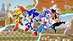 1girl 3boys @_@ alexiscreed artist_name black_eyes black_hair blue_gloves boots brown_jacket chef_hat colored_skin commentary crossover english_commentary facial_hair freedom_planet full_body furry furry_female furry_male galaxytrail gloves green_eyes hat hedgehog_boy highres jacket jester_cap long_nose multiple_boys mustache open_mouth peppino_spaghetti pizza_tower purple_eyes purple_skin red_footwear sash_lilac screaming sega shoes smile sonic_(series) sonic_the_hedgehog sonic_the_hedgehog_(classic) spark_the_electric_jester spark_the_electric_jester_(series) star_(symbol) star_print tail teeth v white_gloves