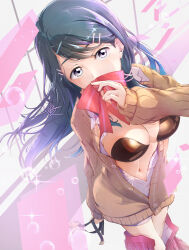 1girl black_pasties blue_hair bow breasts brown_sweater clear_glass_(mildmild1311) cleavage clothes_pull fire_emblem from_above hair_ornament hairclip highres large_breasts long_sleeves looking_at_viewer looking_up navel nintendo open_clothes open_shirt oribe_tsubasa partially_unbuttoned pasties red_bow red_skirt school_uniform sideboob skirt skirt_pull solo stomach sweater thighs tokyo_mirage_sessions_fe white_eyes