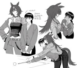 2girls 35684187031 animal_ears asymmetrical_clothes asymmetrical_jacket ball belt billiard_ball billiards blush cardigan closed_mouth collared_shirt cowboy_shot cue_stick dress_shirt eye_contact female_trainer_(umamusume) front-to-back glasses greyscale hands_on_own_hips height_difference highres holding_cue_stick horse_ears horse_girl horse_tail korean_text long_hair looking_at_another midriff_peek monochrome multiple_girls multiple_views pants pencil_skirt ponytail pool_table shirt sirius_symboli_(umamusume) skirt sleeves_past_wrists striped_clothes striped_shirt table tail trainer_(umamusume) translation_request umamusume vertical-striped_clothes vertical-striped_shirt watch wristwatch
