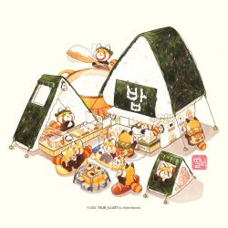 Rule 34 | 2022, animal focus, artist name, building, campfire, cooking, cooking pot, copyright notice, eating, flying sweatdrops, food, food focus, giving, holding, holding food, holding spoon, no humans, onigiri, original, oversized food, oversized object, rice, shadow, shop, simple background, spoon, sushi, talbi, tanuki, tent, watermark, white background, wooden spoon