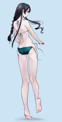 1girl alternate_costume alternate_hairstyle ass barefoot bikini black_hair from_behind glasses green_bikini green_eyes green_hairband hairband highres kantai_collection long_hair no_mae_(mikakatachi) ooyodo_(kancolle) side-tie_bikini_bottom sidelocks solo standing swimsuit very_long_hair wardrobe_malfunction