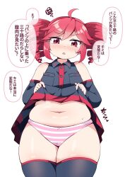 1girl ahoge black_shirt black_skirt black_thighhighs blush breasts clothes_lift detached_sleeves drill_hair highres japanese_text kasane_teto midriff navel open_mouth panties pink_panties plump red_eyes red_hair shirt shiyo_hodaka skirt skirt_lift sleeveless sleeveless_shirt small_breasts solo squiggle standing striped_clothes striped_panties sweat thick_thighs thighhighs thighs twin_drills underwear utau vocaloid wide_hips