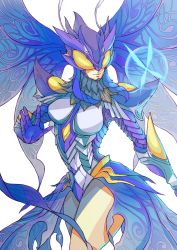 1girl absurdres antennae armor armored_leotard arthropod_girl bad_id bad_pixiv_id blue_butterfly breasts bug butterfly butterfly_wings commentary covered_eyes cowboy_shot digimon digimon_(creature) english_commentary female_focus fur_collar gauntlets gloves hair_wings helmet highres hudiemon insect insect_wings leotard looking_at_another medium_breasts nateasora open_hand purple_gloves purple_hair see-through_clothes shoulder_armor sidelocks signature simple_background smile solo white_background wings