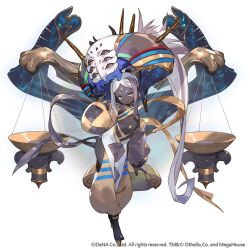 1girl absurdly_long_hair barefoot barefoot_sandals_(jewelry) dark-skinned_female dark_skin detached_sleeves fang full_body gold_trim gyakuten_othellonia harem_pants long_hair looking_at_viewer mesugaki nail_polish othellonia pants parted_bangs ponytail revealing_clothes so-taro solo very_long_hair weighing_scale white_background white_hair yellow_eyes