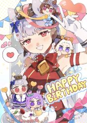 1girl :d animal_ears blue_bow blush border bow bowtie brown_headwear cake candy chibi collared_shirt commentary dated ear_bow elbow_gloves food fruit gloves gold_ship_(umamusume) grey_background grey_hair happy_birthday heart heart-shaped_food heart-shaped_lollipop high_collar highres horse_ears horse_girl lollipop looking_at_viewer mejiro_mcqueen_(umamusume) nakayama_festa_(umamusume) nepipi notice_lines open_mouth orfevre_(umamusume) outside_border pennant pillbox_hat plate red_eyes red_shirt school_uniform shaped_lollipop shirt simple_background sleeveless sleeveless_shirt smile solo_focus sparkle spoken_heart strawberry symbol-only_commentary tracen_school_uniform umamusume upper_body v v_over_head white_border white_gloves