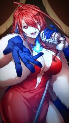 1girl ahoge blue_fire blue_gloves blue_hair coat colored_inner_hair dress elizabeth_rose_bloodflame fire fire_on_chest fur_coat gloves highres hololive hololive_english hug huge_ahoge long_hair looking_at_viewer microphone microphone_stand multicolored_hair open_mouth red_dress red_eyes red_hair ryuuen_tanaka solo teeth virtual_youtuber