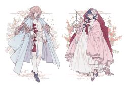 1boy 1girl black_footwear black_hair blue_cloak blue_eyes blunt_bangs brown_hair cloak collage double-parted_bangs embroidery fashion floral_background flower full_body glasses hair_flower hair_ornament hanbok holding holding_lantern korean_clothes lantern lemon89h long_hair looking_at_viewer original pants pink_cloak pink_eyes pink_lips ponytail red_flower red_ribbon red_veil ribbon shirt sidelocks standing talisman tassel veil wavy_hair white_flower white_hanbok white_pants white_shirt