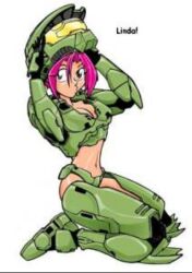 Rule 34 | 1girl, alternate hair color, animification, armor, breasts, female focus, halo (game), halo (series), helmet, linda, made in 2005, nicole-458, pink hair, simple background, solo, tagme, white background