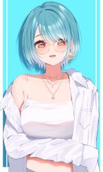 1girl absurdres blue_background blue_hair camisole collarbone earrings glasses gradient_hair haru_(haru83380282) highres jewelry midriff_peek multicolored_hair necklace open_clothes open_shirt parted_lips red_eyes shiranami_ramune shiranami_ramune_(4th_costume) shirt short_hair single_bare_shoulder single_earring single_off_shoulder sleeves_past_fingers sleeves_past_wrists solo spaghetti_strap upper_body virtual_youtuber vspo! white_camisole white_shirt