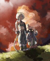 2boys bare_shoulders black_mage_(final_fantasy) blonde_hair blue_coat blue_eyes blue_pants blue_wrist_cuffs boots brown_boots coat cropped_vest final_fantasy final_fantasy_ix gloves glowing glowing_eyes grey_boots grey_gloves hat highres low_ponytail male_focus monkey_tail multiple_boys neckerchief pants parted_bangs ponytail ry_mangdung shirt standing striped_clothes striped_pants tail vest vivi_ornitier white_neckerchief white_shirt wizard_hat wrist_cuffs yellow_eyes zidane_tribal