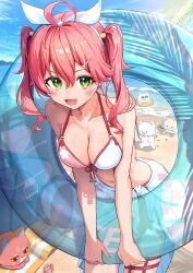 Rule 34 | 1girl, 35p (sakura miko), :d, absurdres, ahoge, alternate costume, ball, beach, beach towel, beachball, bikini, breasts, cleavage, collarbone, day, double-parted bangs, fang, floral print sarong, green eyes, hair ribbon, halterneck, highres, holding, holding swim ring, hololive, innertube, kintoki (sakura miko), leaning forward, looking at viewer, medium breasts, medium hair, multicolored bikini, navel, ocean, open mouth, outdoors, pink bikini, pink hair, ribbon, sakura miko, sarong, shiotsuke sasami, shore, skin fang, smile, solo, standing, swim ring, swimsuit, thigh strap, towel, two-tone bikini, two side up, virtual youtuber, white bikini, white ribbon, white sarong
