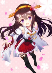 1girl bare_shoulders blush breasts brown_eyes cosplay cvtm gradient_background hair_between_eyes hair_ornament hairband hairclip haruna_(kancolle) haruna_(kancolle)_(cosplay) haruna_kai_ni_(kancolle) headgear highres japanese_clothes kantai_collection kisaragi_(kancolle) long_hair looking_at_viewer nontraditional_miko open_mouth petals pink_background purple_eyes ribbon-trimmed_sleeves ribbon_trim skirt smile solo thighhighs