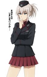Rule 34 | 1girl, alternate hairstyle, black hat, black jacket, blue eyes, closed mouth, commentary, cowboy shot, dress shirt, garrison cap, girls und panzer, grey hair, hair up, half-closed eyes, hand on own chin, hat, highres, insignia, itsumi erika, jacket, kuromorimine military uniform, light frown, long sleeves, looking to the side, military hat, military uniform, miniskirt, omachi (slabco), pleated skirt, ponytail, red shirt, red skirt, shirt, short hair, short ponytail, simple background, skirt, solo, standing, translated, white background, wing collar