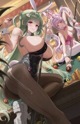 2girls 8-ball ahoge alice_(nikke) animal_ears ass blush bow breasts carrot coin collar covered_navel dice goddess_of_victory:_nikke gold_coin green_hair green_nails highres huge_ass huge_breasts impossible_clothes leotard long_hair micro_bra multiple_girls nail_polish pink_eyes pink_hair pink_nails playboy_bunny pool_table rabbit_ears shoes silvertsuki skindentation smile sneakers soda_(nikke) table tongue tongue_out twintails wrist_cuffs
