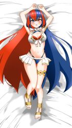 1girl bikini blue_hair crossed_bangs female_alear_(fire_emblem) female_alear_(seaside_dragon)_(fire_emblem) fire_emblem fire_emblem_engage fire_emblem_heroes gold_armlet gold_thighlet heterochromia highres looking_at_viewer multicolored_hair nintendo red_bikini red_hair shii_atelier showgirl_skirt split-color_hair swimsuit two-tone_hair
