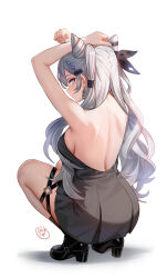 Rule 34 | 1girl, absurdres, arms up, ass, backless leotard, backless outfit, black dress, black ribbon, black shoes, blue eyes, braid, braided bangs, breasts, closed mouth, commentary, cone hair bun, double bun, dreadpunk, dress, english commentary, from behind, full body, grey hair, hair bun, hair ornament, hair ribbon, hairclip, highres, hololive, hololive indonesia, leotard, loafers, long hair, looking at viewer, looking back, median furrow, medium breasts, ribbon, shoes, shoulder blades, sideboob, simple background, sleeveless, sleeveless dress, solo, squatting, strapless, strapless dress, thigh strap, two side up, vestia zeta, virtual youtuber, white background