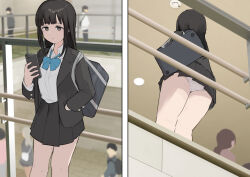1girl ass black_hair cellphone from_below hand_in_pocket long_hair mole mole_under_eye original panties pantyshot phone samidare_(hoshi) school_uniform smartphone solo_focus underwear white_panties