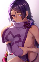 1girl 846-gou bare_shoulders blush bottomless breasts fate/grand_order fate_(series) female_pubic_hair highres large_breasts long_hair looking_at_viewer minamoto_no_raikou_(fate) parted_bangs pubic_hair pubic_hair_peek purple_eyes purple_hair sideboob smile solo tabard tassel very_long_hair