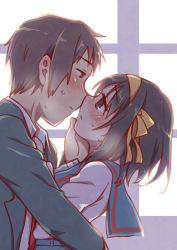 1boy 1girl blazer blue_sailor_collar blue_skirt blush brown_eyes brown_hair commentary_request couple from_side green_jacket hair_ribbon hairband hand_on_another&#039;s_chin hetero hug imminent_kiss indoors jacket kita_high_school_uniform kyon long_sleeves necktie open_clothes open_jacket open_mouth red_necktie ribbon sailor_collar school_uniform serafuku shirt short_hair skirt suzumiya_haruhi suzumiya_haruhi_no_yuuutsu sweatdrop taiki_(6240taiki) upper_body white_shirt window yellow_hairband yellow_ribbon
