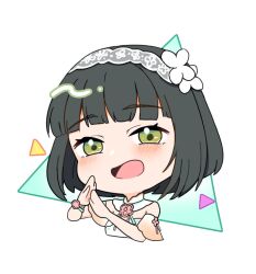Rule 34 | 1girl, :d, aoku haruka/flower, black hair, blunt bangs, blunt ends, blush, bob cut, chibi, chibi only, commentary, dress, erobear, green eyes, hairband, link! like! love live!, looking at viewer, love live!, momose ginko, off-shoulder dress, off shoulder, official alternate costume, open mouth, short hair, smile, solo, triangle, virtual youtuber, white background, white dress, white hairband