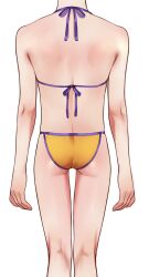 1girl armpit_crease ass bare_shoulders bikini commentary flat_ass from_behind haguhagu_(rinjuu_circus) hair_ornament highres loli original shoulder_blades simple_background solo standing swimsuit symbol-only_commentary white_background yellow_bikini