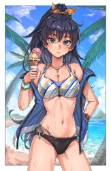 1girl absurdres aqua_eyes beach bikini black_bikini black_hair border breasts cleavage closed_mouth collarbone commentary cowboy_shot day fang fang_out food ganaha_hibiki hair_ribbon high_ponytail highres hold111 holding holding_ice_cream_cone ice_cream ice_cream_cone idolmaster idolmaster_(classic) jacket jewelry layered_bikini long_hair looking_at_viewer multicolored_bikini navel necklace open_clothes open_jacket outdoors outside_border palm_tree ponytail ribbon side-tie_bikini_bottom sleeveless sleeveless_jacket solo standing striped_bikini striped_clothes sweat swimsuit symbol-only_commentary tan tree wet white_border wristband