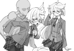 Rule 34 | 1boy, 1girl, annoyed, bald, bald male, between legs, blush, cheating (relationship), clothed female nude male, clothes lift, dress shirt, faceless, faceless male, grabbing another&#039;s breast, grabbing from behind, greyscale, groping, groping breast, gundam, gundam suisei no majo, hair between eyes, hand between legs, hand in own hair, hand on another&#039;s arm, hetero, highres, implied sex, jacket, long hair, miorine rembran, monochrome, multiple views, necktie, nude, nukosann, open mouth, paid reward available, pantyhose, plaid clothes, plaid skirt, shirt, simple background, skirt, skirt lift, suit jacket, sweat, white background