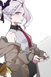 Rule 34 | 1girl, absurdres, ahoge, black skirt, blue archive, blush, breasts, demon girl, demon horns, demon wings, highres, hina (blue archive), holding, holding removed eyewear, horns, long hair, looking at viewer, necktie, priest77, purple eyes, simple background, skirt, small breasts, solo, standing, unworn eyewear, white hair, wings