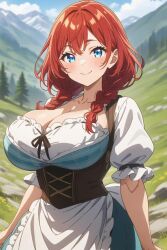Rule 34 | 1girl, ai-generated, blue eyes, blue sky, breasts, brown hair, cleavage, mountain, sky