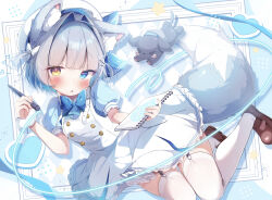 1girl absurdres animal_ear_fluff animal_ears blue_eyes blue_shirt blunt_bangs blush dog dress embarrassed fox_ears fox_tail garter_belt garter_straps grey_hair hair_ornament hairclip hat heterochromia highres holding holding_pen komugi_(2212) loafers looking_at_viewer nose_blush notebook open_mouth original pen shirt shoes short_hair tail thighhighs white_dress white_thighhighs yellow_eyes