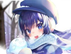 1girl backlighting bare_tree blue_bow blue_coat blue_eyes blue_hair blue_hat blue_scarf blurry blurry_background blush bow breath character_snowman coat commentary earmuffs fang flat_cap from_side hair_bow hat holding_snowman light_particles looking_at_viewer mittens nekoi51 nose_blush open_mouth otomachi_una outdoors scarf skin_fang smile snow_on_headwear snowman solo tree twintails vocaloid white_mittens winter
