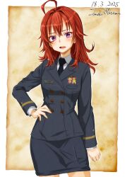 1girl ahoge alternate_costume arashi_(kancolle) artist_name black_jacket black_necktie black_skirt blush breasts buttons collared_shirt dated double-breasted highres hisamatomoki jacket japan_maritime_self-defense_force japan_self-defense_force kantai_collection long_hair long_sleeves military military_dress_uniform military_rank_insignia military_uniform naval_dress_uniform naval_uniform necktie one-hour_drawing_challenge open_mouth purple_eyes red_hair shirt skirt solo white_shirt