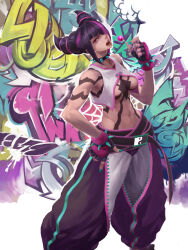 1girl black_hair blue_nails bracelet breasts candy collar commentary fingerless_gloves food gloves graffiti hair_horns han_juri highres jewelry karee lollipop solo spiked_bracelet spiked_collar spikes street_fighter street_fighter_6 yin_yang