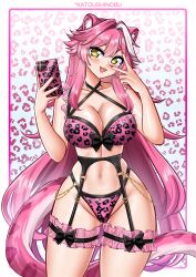 1girl :3 absurdres animal_ears animal_print black_bow black_garter_belt blush bow bra breasts cellphone cleavage collarbone commentary english_commentary fang fingernails frilled_thigh_strap garter_belt groin hair_intakes highres holding holding_phone hololive hololive_english katou_shinobu large_breasts leopard_print leopard_print_bra leopard_print_panties long_hair looking_at_viewer multicolored_hair nail_polish navel open_mouth panther_ears panther_girl panther_tail panties phone pink_bra pink_eyes pink_hair pink_nails pink_panties raora_panthera smartphone smile solo stomach streaked_hair tail thigh_bow thigh_strap thighs two-tone_hair underwear v v_over_eye virtual_youtuber yellow_eyes