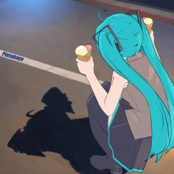 Rule 34 | 1girl, absurdres, ahoge, blue hair, boots, cat shadow puppet (meme), drill hair, food, hatsune miku, highres, ice cream, kasane teto, meme, night, piutahayo, road, skirt, squatting, twin drills, twintails, vocaloid