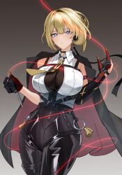 1girl absurdres asymmetrical_gloves black_coat black_gloves black_pants blonde_hair breasts cleavage coat commentary_request cowboy_shot evelyn_chevalier gloves grey_background highres holding holding_knife knife large_breasts necktie pants parted_lips purple_eyes see-through_cleavage see-through_clothes sevenninet47503 sheng_biao_(weapon) shirt short_hair solo string string_of_fate uneven_gloves white_shirt yellow_necktie zenless_zone_zero