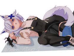 animal_ears bitten_scorpion black_thighhighs blue_eyes blue_hair buttons cat_ears fang filian_(vtuber) hair_ornament highres indie_virtual_youtuber looking_at_viewer lying nero_nico1 on_side overalls scorpion shoes short_hair signature sneakers sweater tail thighhighs virtual_youtuber white_background x_hair_ornament zettai_ryouiki