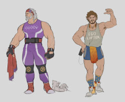 2boys bara beard blue_shorts brown_hair connected_beard digital_media_player facial_hair fingerless_gloves fonzu_(callmefonzu) gloves grey_background grey_hair headphones highres magneto marvel marvel_rivals mature_male multiple_boys muscular muscular_male old old_man peter_quill purple_tank_top shorts star-lord tank_top