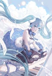 1girl ahoge bad_id bad_pixiv_id bare_shoulders blue_eyes blue_hair blue_nails bow bowtie cloud cloudy_sky detached_collar dress female_focus hair_between_eyes hatsune_miku instrument long_hair maccha_(mochancc) piano piano_keys sheet_music sky solo sun tagme twintails very_long_hair vocaloid wrist_cuffs
