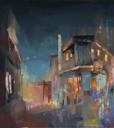 apartment building dark night night_sky no_humans original road scenery shadow sky slow_d street town window