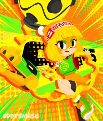 1girl arms_(game) artist_name beanie blonde_hair blunt_bangs dragon_(arms) eddysmash2407 eye_mask green_shoes hat megawatt_(arms) min_min_(arms) shoes short_hair stretched_limb