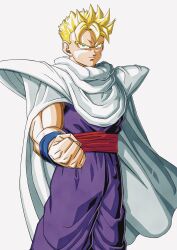 Rule 34 | 1boy, amputee, blonde hair, cape, clenched hand, commentary request, cosplay, dragon ball, dragonball z, frown, green eyes, highres, male focus, muscular, muscular male, piccolo, piccolo (cosplay), scar, scar across eye, scar on face, serious, shoulder pads, solo, son gohan, son gohan (future), super saiyan, super saiyan 1, susumu (rei-h-0701), white cape