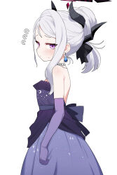 1girl absurdres bare_shoulders black_halo blue_archive commentary_request dress elbow_gloves gloves grey_hair halo highres hina_(blue_archive) hina_(dress)_(blue_archive) looking_at_viewer medium_hair official_alternate_costume purple_dress purple_eyes purple_gloves saho_4545 simple_background solo white_background