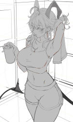 1girl absurdres ahoge alternate_costume arm_up armpits bare_shoulders blush breasts bubble99 can cleavage collarbone commentary_request cowboy_shot curled_horns demon_tail drink_can highres holding holding_can horns korean_commentary large_breasts long_hair navel parted_lips shorts sketch solo stomach tail towel unfinished wuthering_waves zani_(wuthering_waves)
