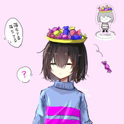 1other ? absurdres arms_at_sides blue_sweater bob_cut brown_hair candy closed_eyes closed_mouth commentary_request cowlick double-parted_bangs facing_ahead food frisk_(undertale) hair_between_eyes highres maika_(maikaoekaki) messy_hair object_on_head pink_background pink_sweater plate scene_reference short_hair simple_background solo speech_bubble spoken_question_mark straight_hair striped_clothes striped_sweater sweater translation_request turtleneck turtleneck_sweater two-tone_sweater undertale wrapped_candy